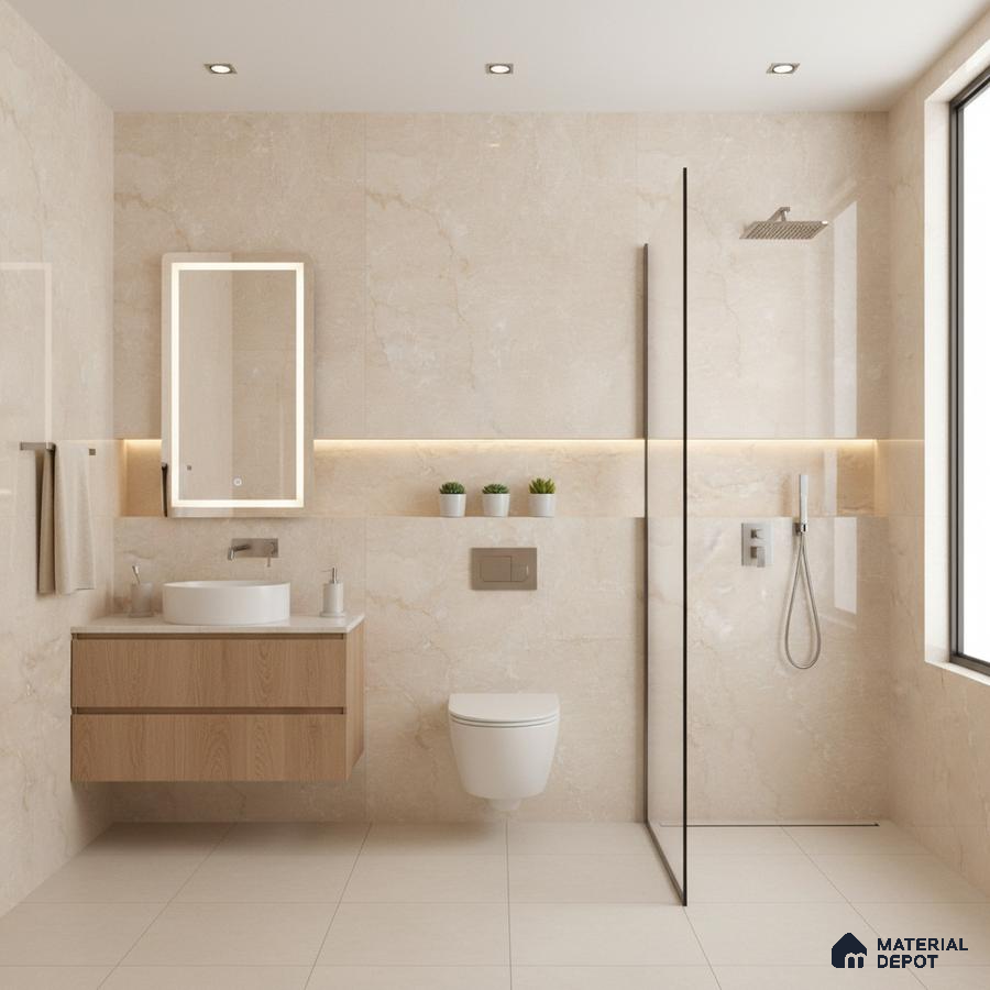 Minimalist bathroom with beige marble-look wall tiles, light wood floating vanity, and matte beige floor tiles | Material Depot