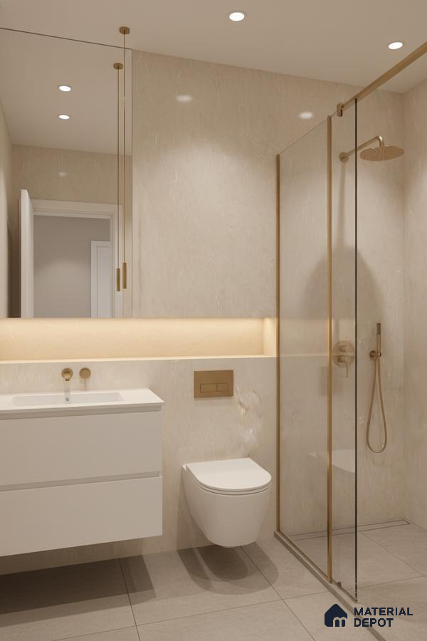 Minimalist bathroom with beige marble-look wall tiles, matte grey floor tiles, and gold accents | Material Depot
