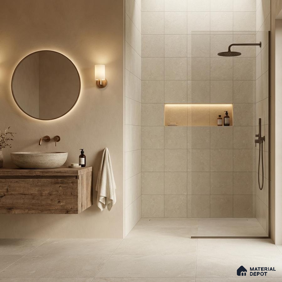 Minimalist bathroom with beige stone tiles and rustic wood vanity