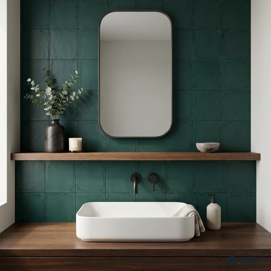 Minimalist bathroom with deep green wall tiles and walnut wood vanity