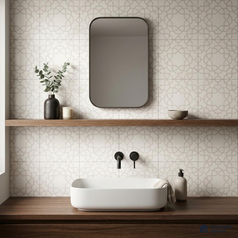 Minimalist bathroom with geometric patterned wall tiles and walnut wood vanity