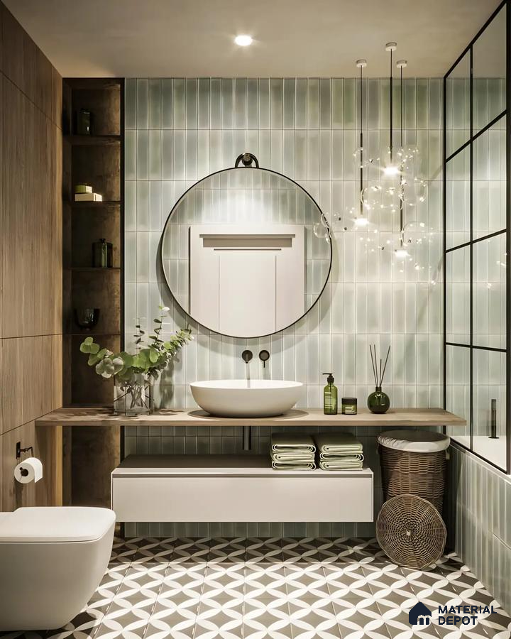 Minimalist Bathroom With Glass Partition And Green Tiles | Material Depot