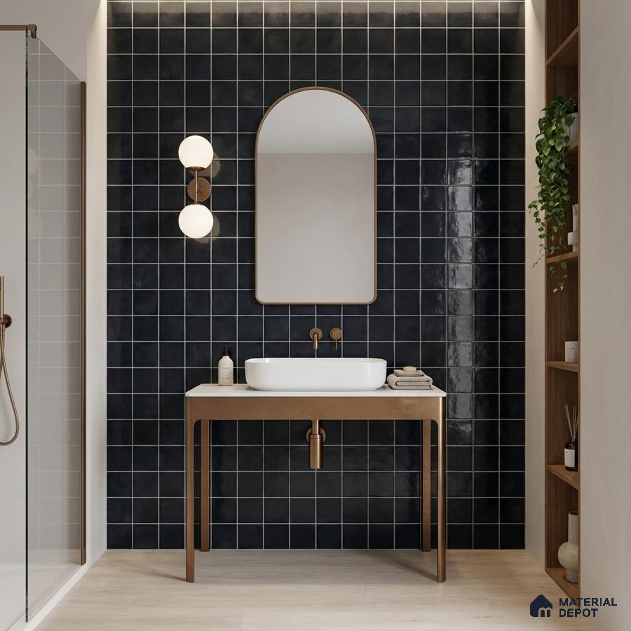 Minimalist bathroom with glossy black square wall tiles and light wood flooring