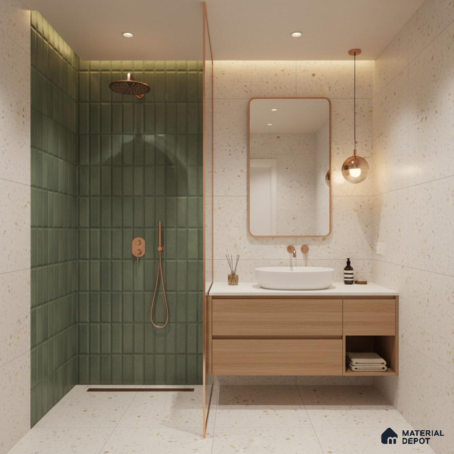 Minimalist bathroom with green kitkat wall tiles, terrazzo floor and wall tiles, and light oak floating vanity | Material Depot