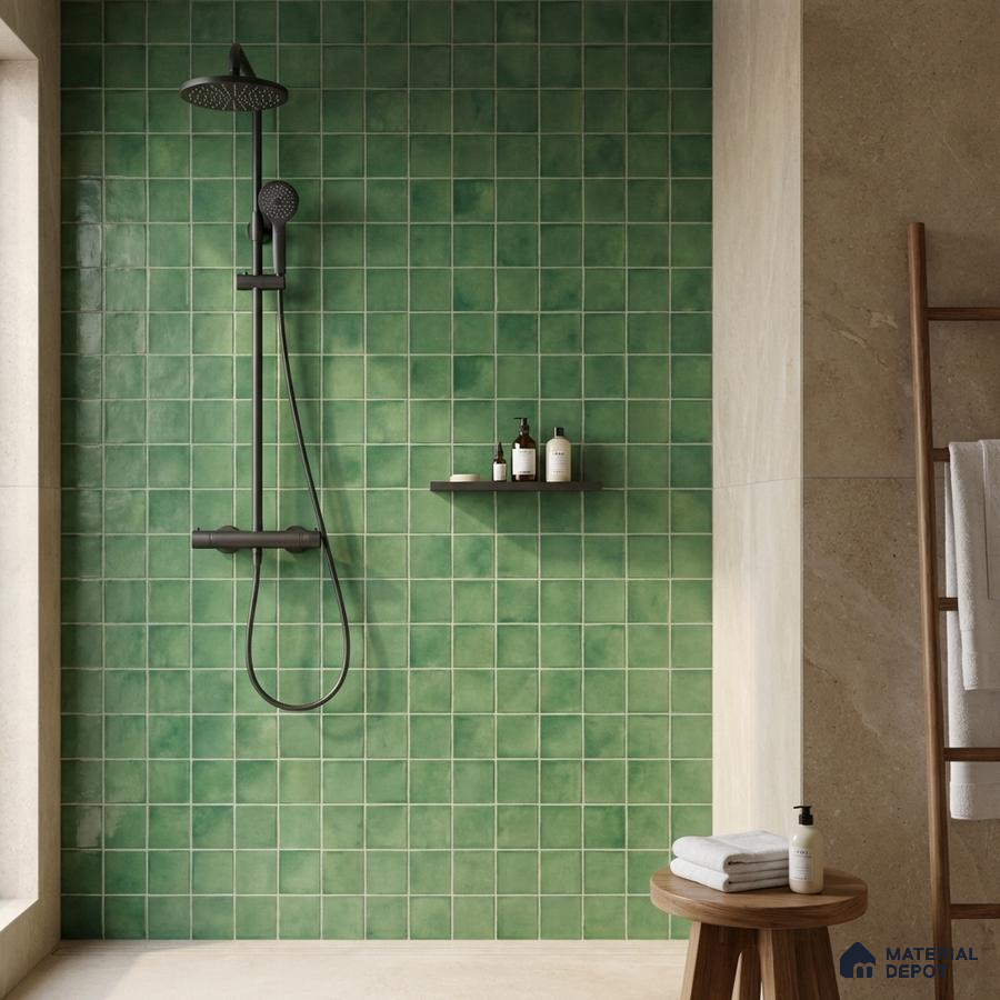 Minimalist bathroom with green square wall tiles and beige stone-look floor tiles