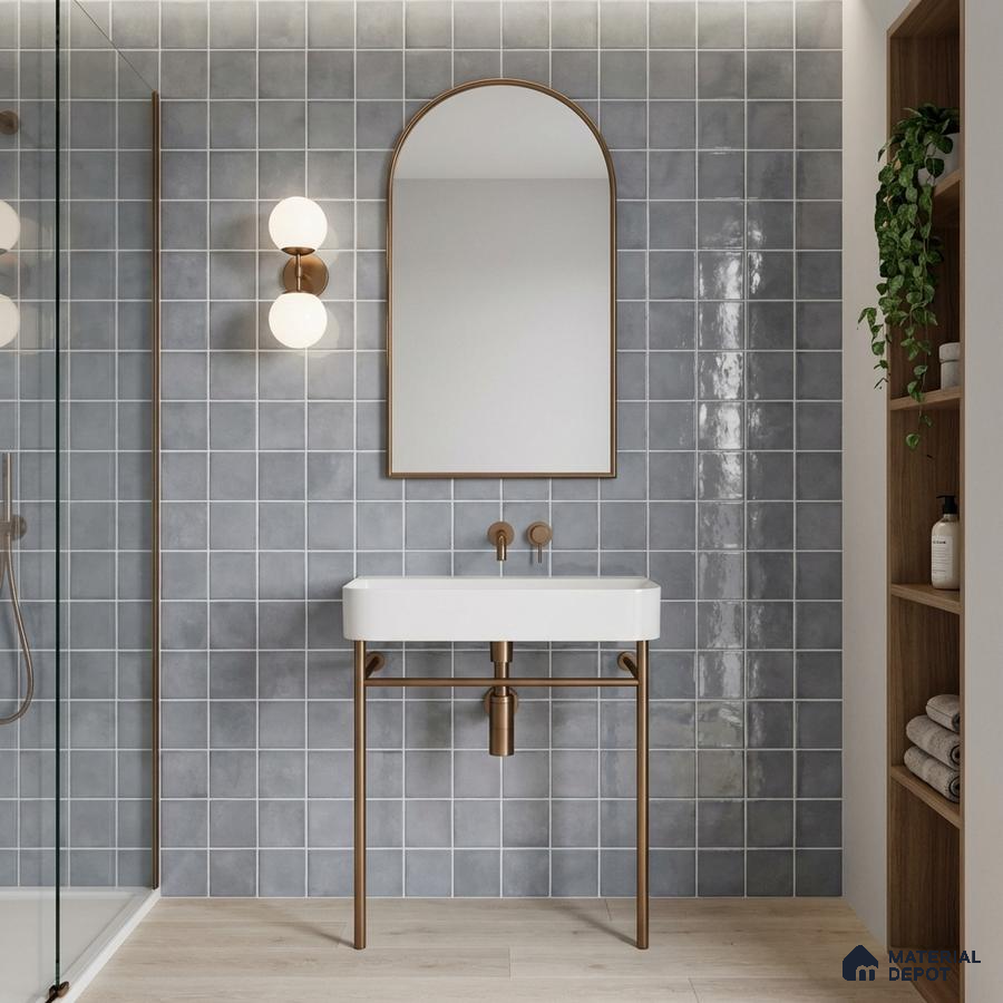 Minimalist bathroom with grey square wall tiles and light wood floor tile