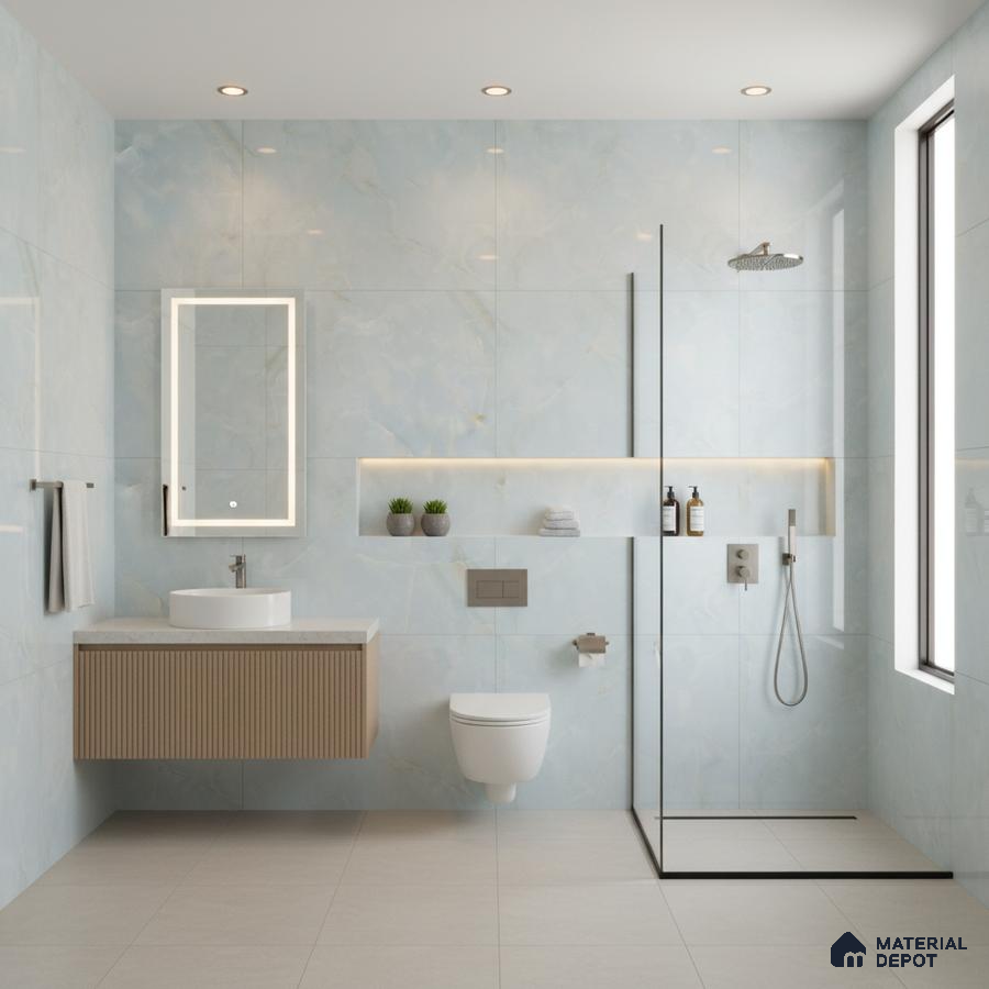 Minimalist bathroom with light blue marble-look wall tiles, beige floor tiles, and fluted wood vanity | Material Depot