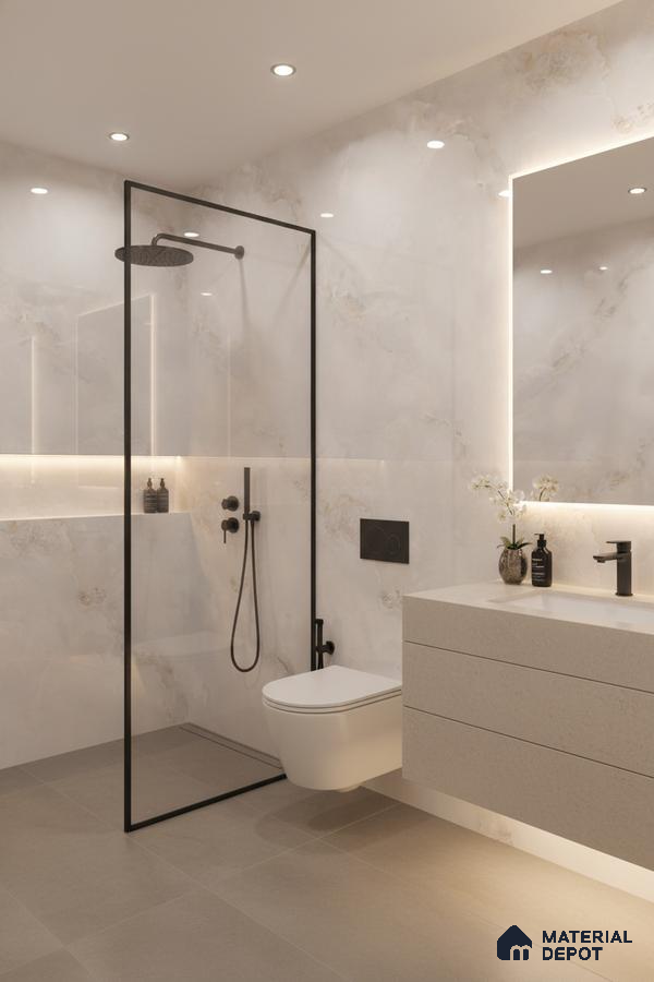 Minimalist bathroom with marble-look wall tiles and beige matte floor tiles | Material Depot