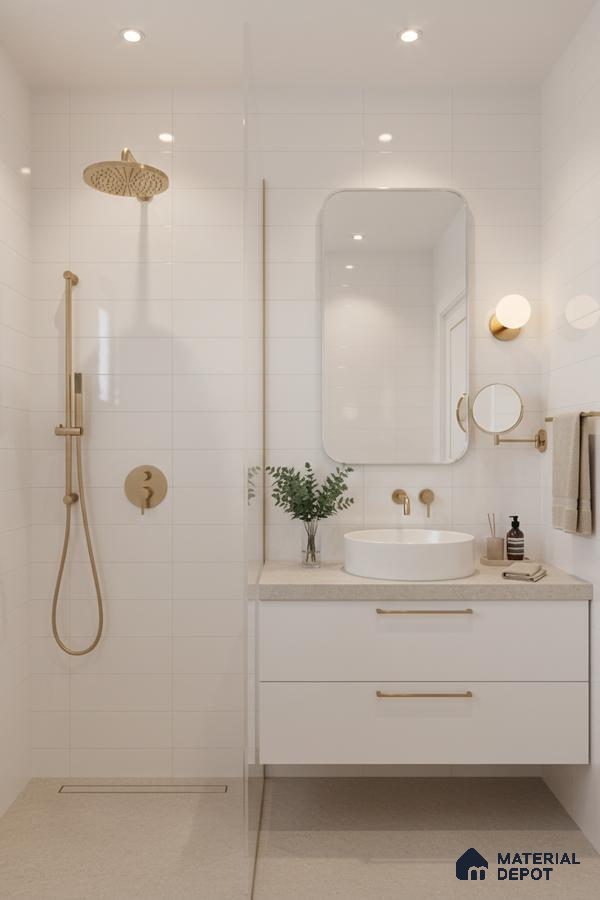 Minimalist bathroom with matte white subway wall tiles and beige stone floor tiles | Material Depot