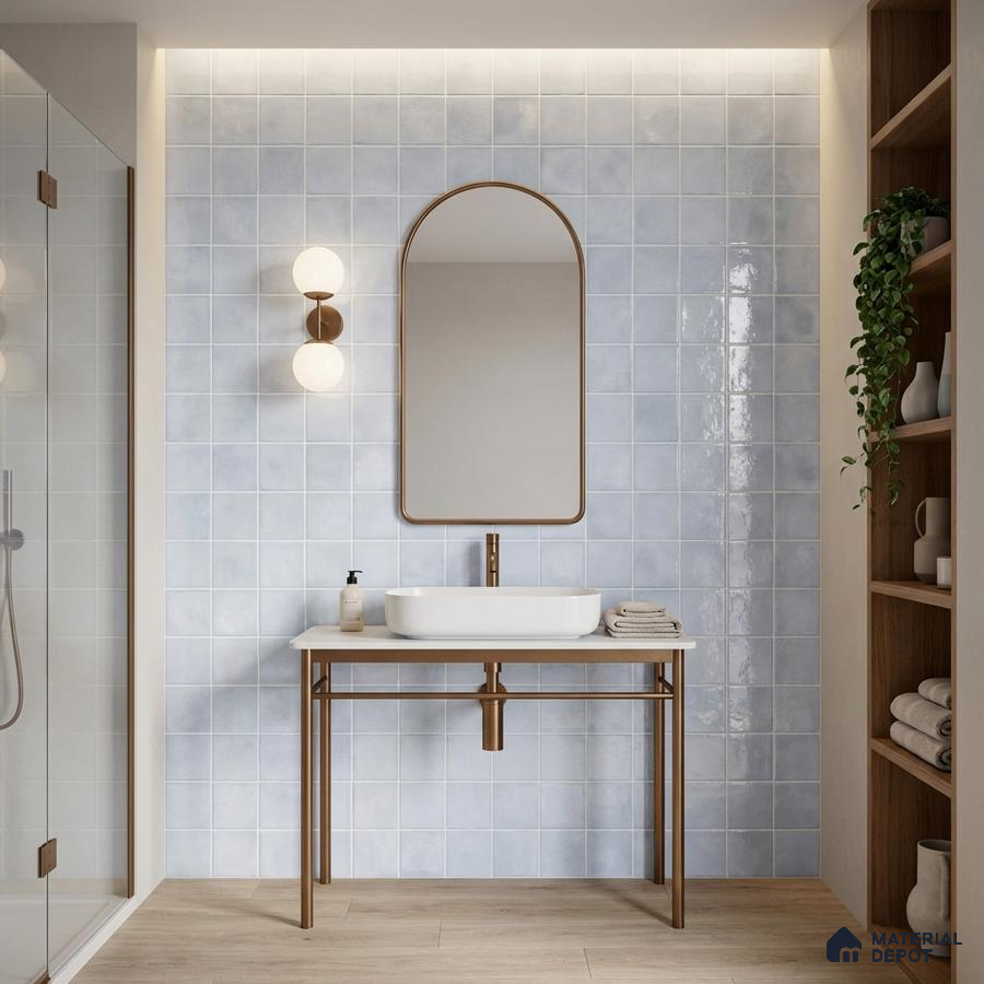 Minimalist bathroom with pale blue square wall tiles and light oak wood floor tile