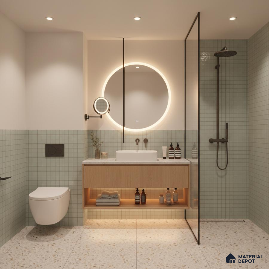 Minimalist bathroom with sage green grid wall tiles, terrazzo floor tiles, and light wood floating vanity | Material Depot