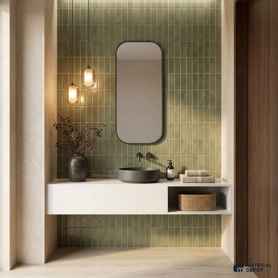 Minimalist bathroom with sage green kitkat wall tiles and white quartz floating vanity