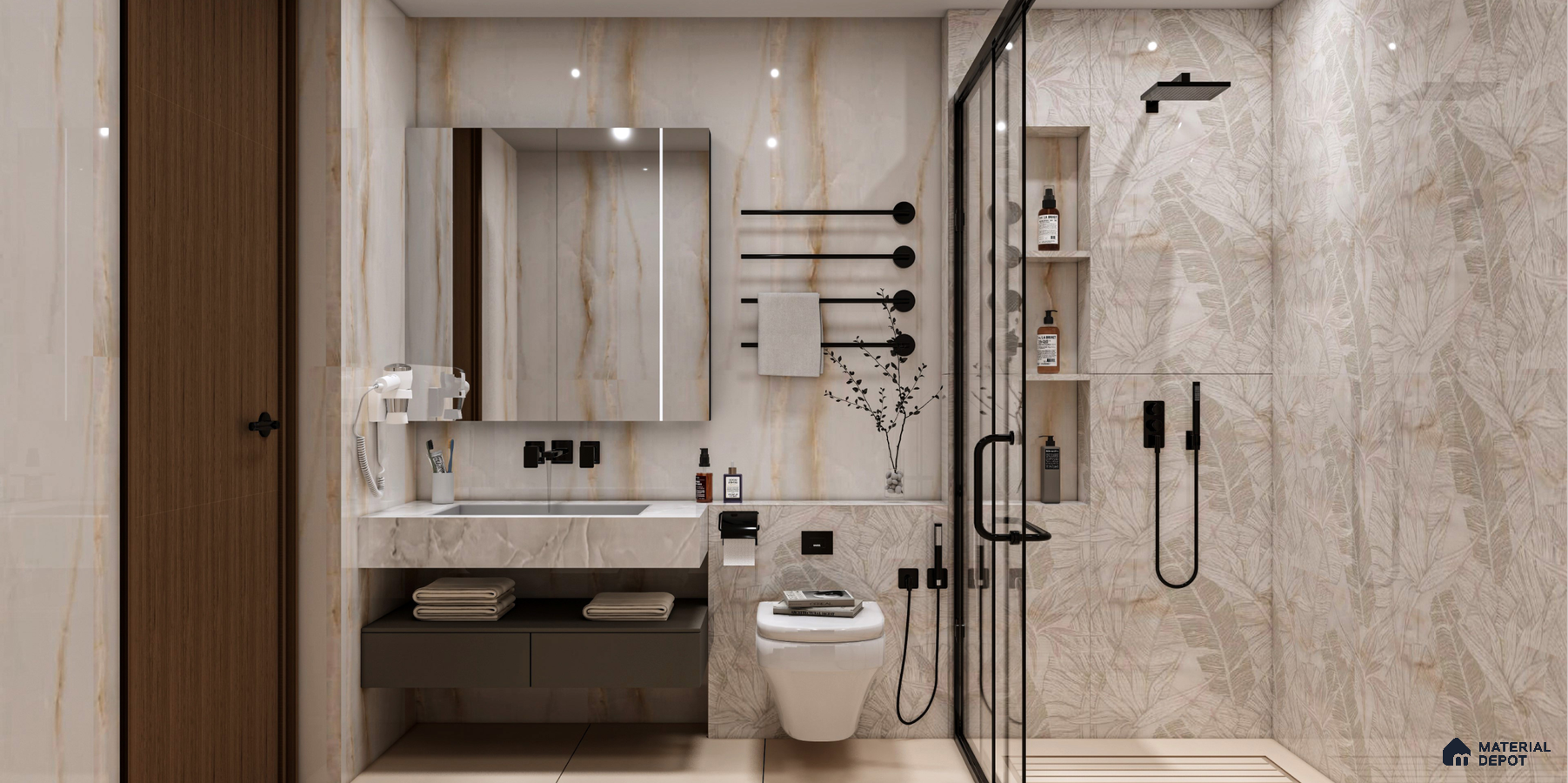 Minimalist Bathroom with Subtle Leaf-Patterned Tiles | Material Depot