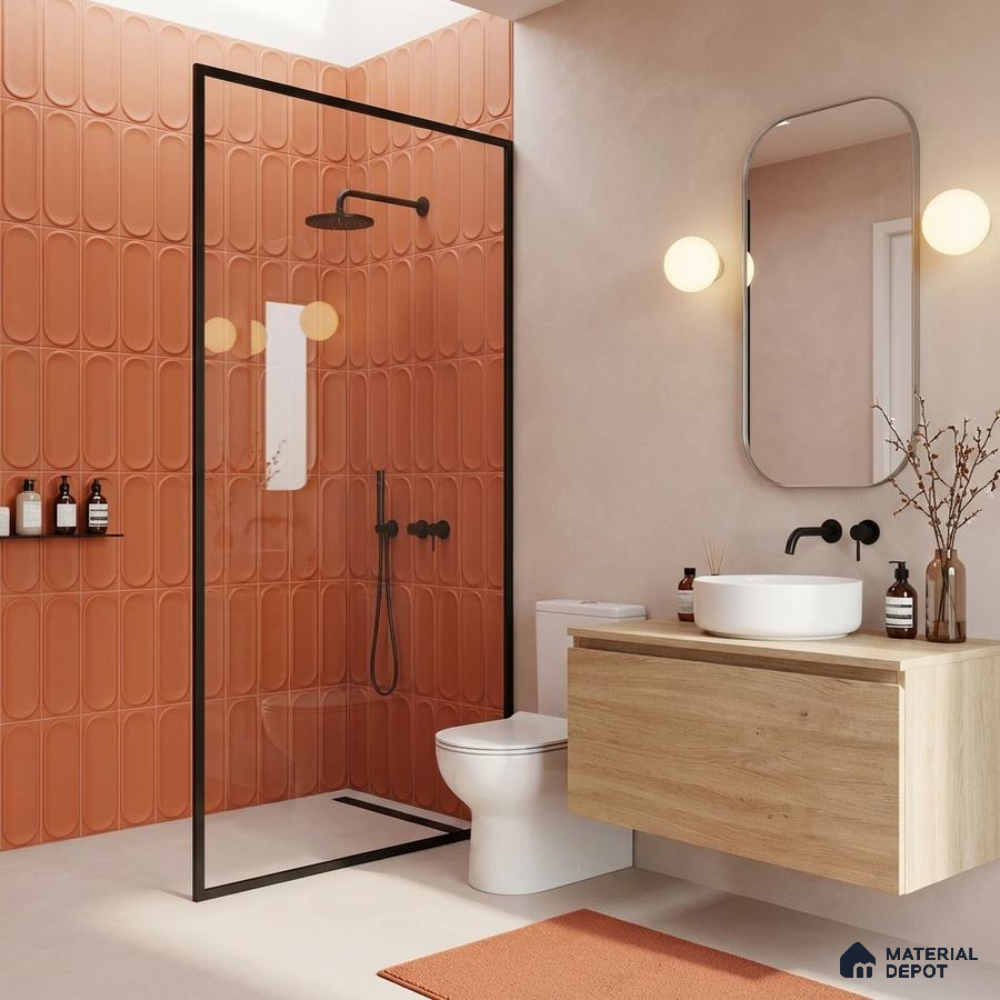 Minimalist bathroom with terracotta fluted wall tiles and light oak floating vanity