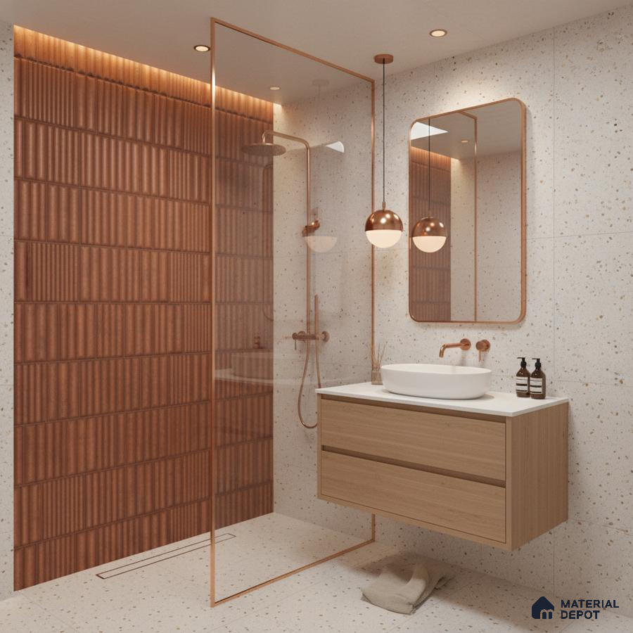 Minimalist bathroom with terracotta fluted wall tiles, terrazzo wall and floor tiles, and light wood floating vanity | Material Depot