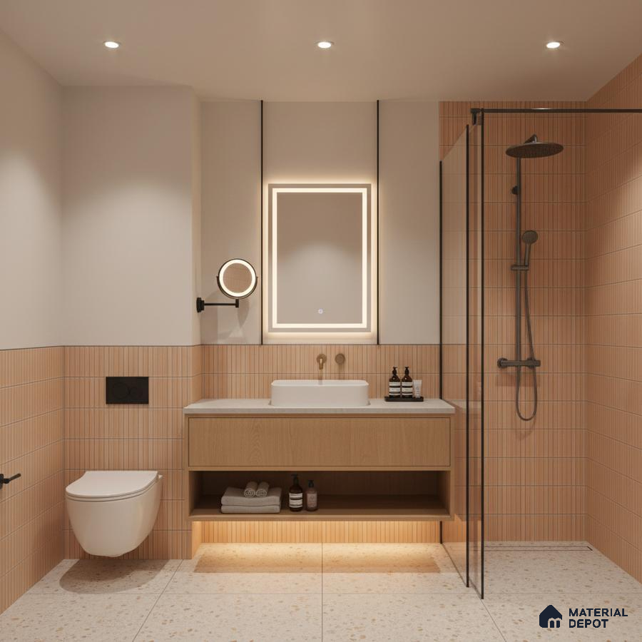 Minimalist bathroom with terracotta kitkat wall tiles, terrazzo floor tiles, and floating wood vanity | Material Depot