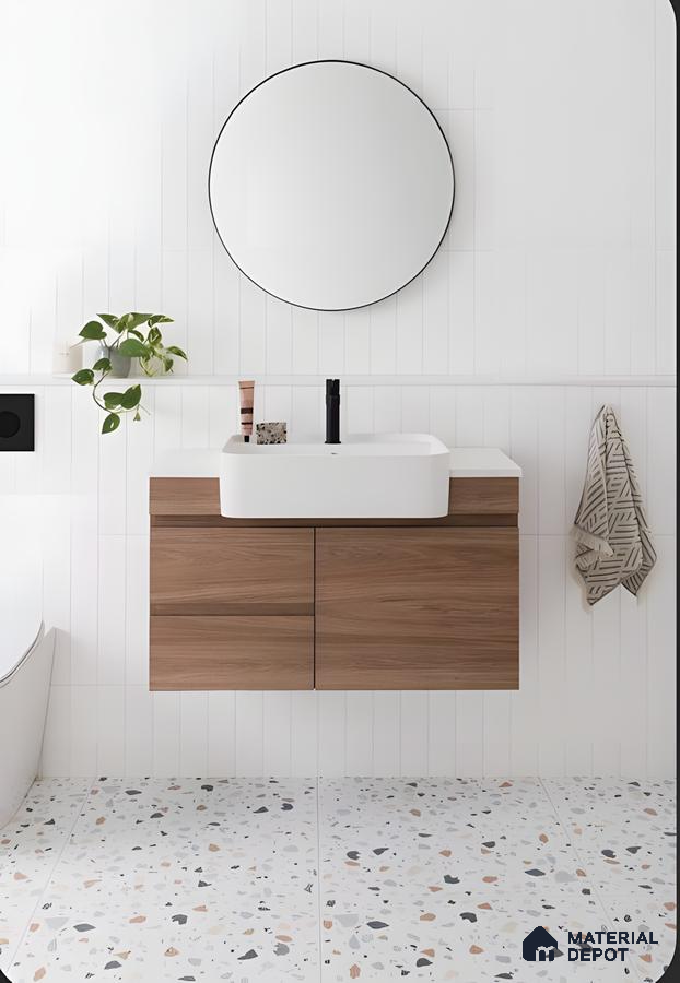 Minimalist Bathroom With Terrazzo Tiles And Wood Vanity | Material Depot