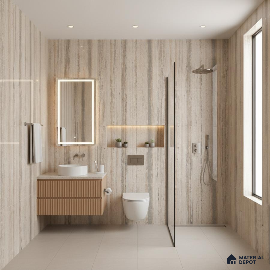 Minimalist bathroom with travertine-look wall tiles, fluted wood vanity, and beige floor tiles | Material Depot