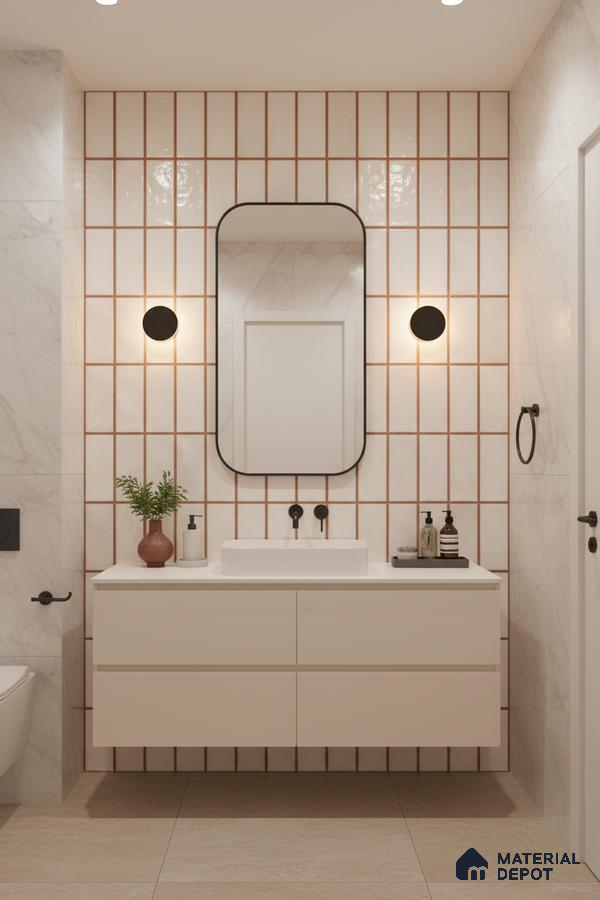 Minimalist bathroom with vertical grid white wall tiles, marble-look wall tiles, and beige floor tiles | Material Depot