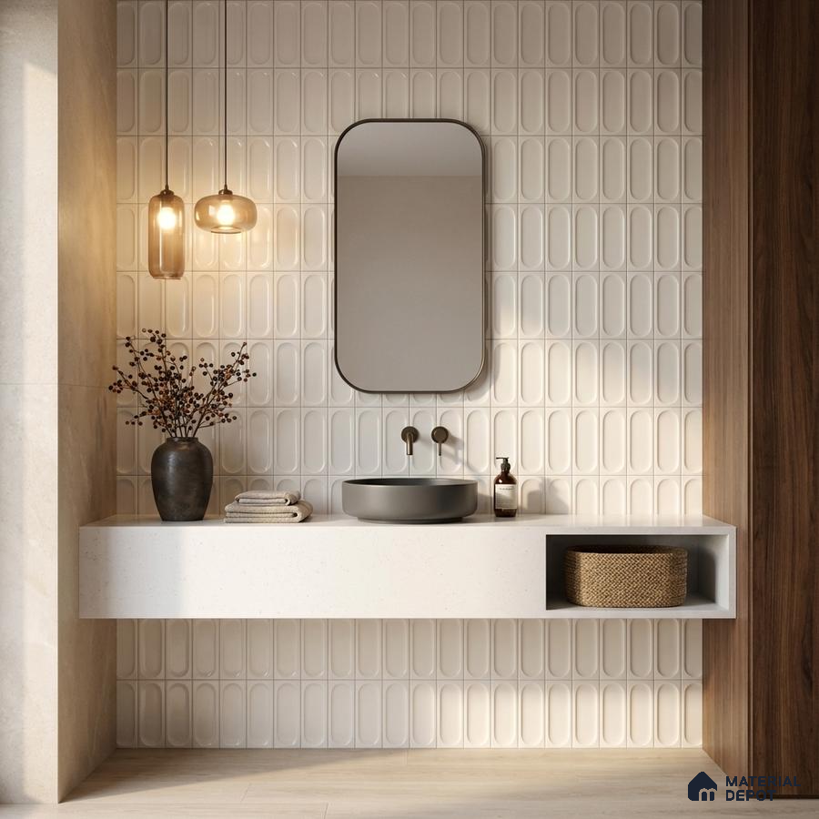 Minimalist bathroom with white elongated 3D wall tiles, floating quartz vanity, and wood accent panel