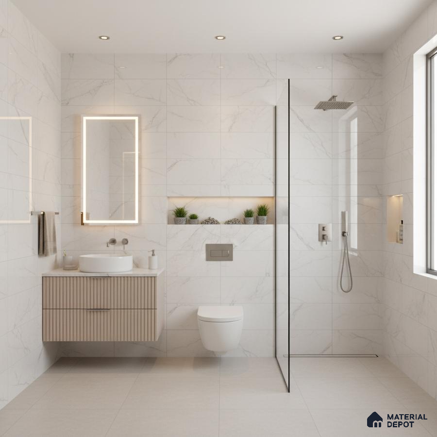 Minimalist bathroom with white marble-look wall tiles, beige fluted vanity, and large format floor tiles | Material Depot