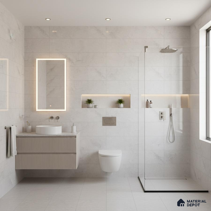 Minimalist bathroom with white marble-look wall tiles, fluted vanity, and seamless glass shower | Material Depot