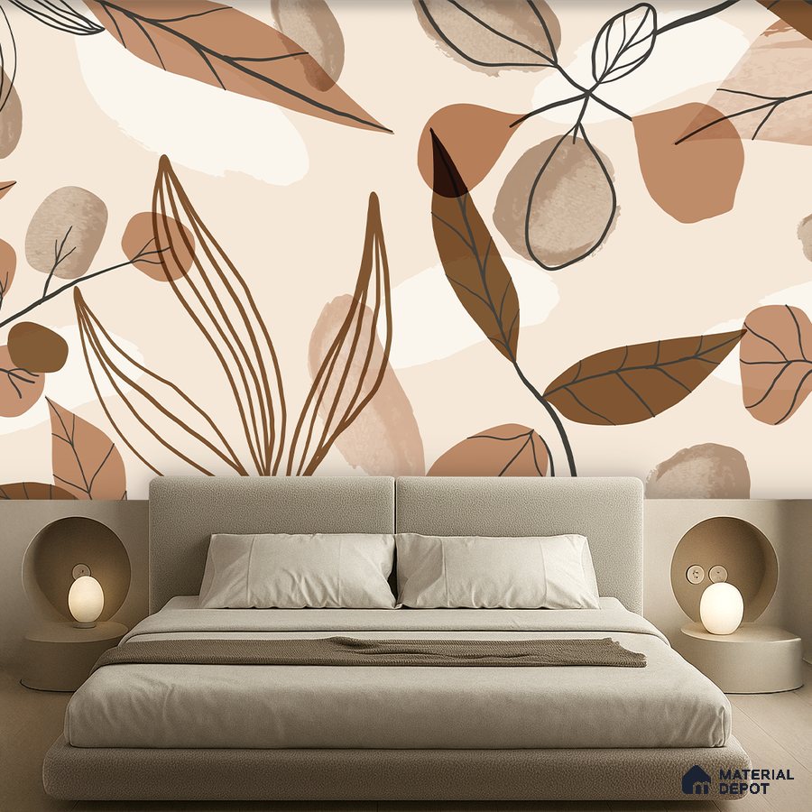 Minimalist bedroom with abstract floral wallpaper and beige upholstered bed in Bengaluru