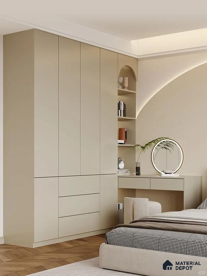 Minimalist bedroom with beige matte laminate wardrobe, built-in study, and herringbone wooden flooring | Material Depot