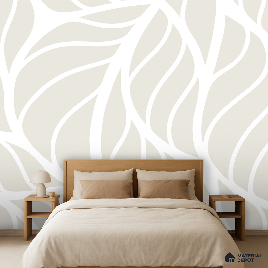 Minimalist bedroom with beige patterned wallpaper and natural wood bed in Bengaluru