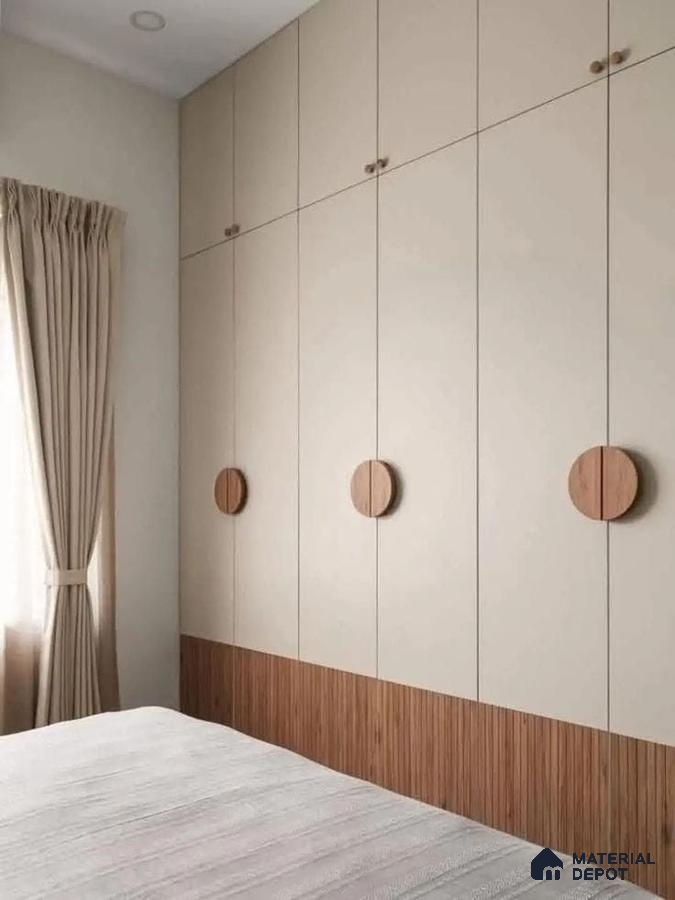 Minimalist bedroom with beige solid laminate wardrobe and vertical wood fluted laminate accents | Material Depot