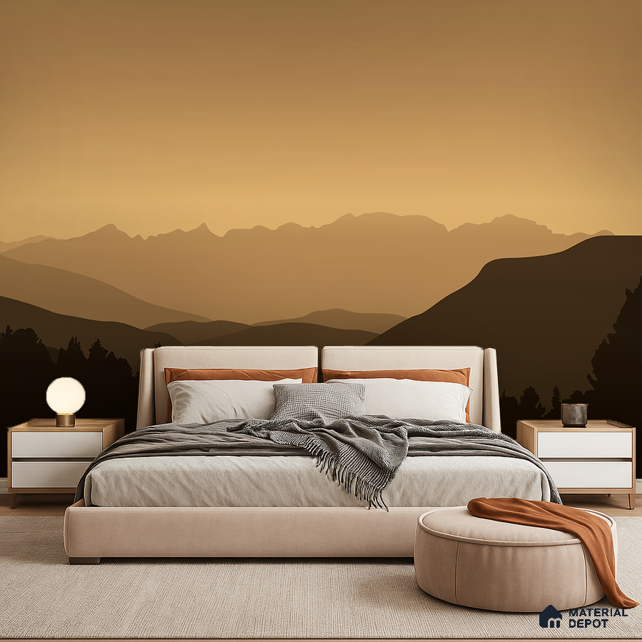 Minimalist bedroom with beige upholstered bed and sunset mountain landscape wallpaper in Bengaluru