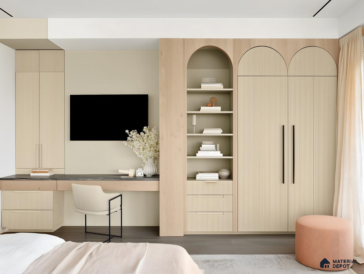 Minimalist Bedroom With Fluted Wardrobes Arched Niche & Sage Beige Accent Wall Efc9948593 | Material Depot