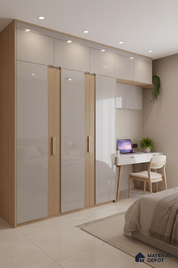 Minimalist bedroom with frosty white high gloss laminate wardrobe, light oak fluted handles, and built-in study desk in Bengaluru