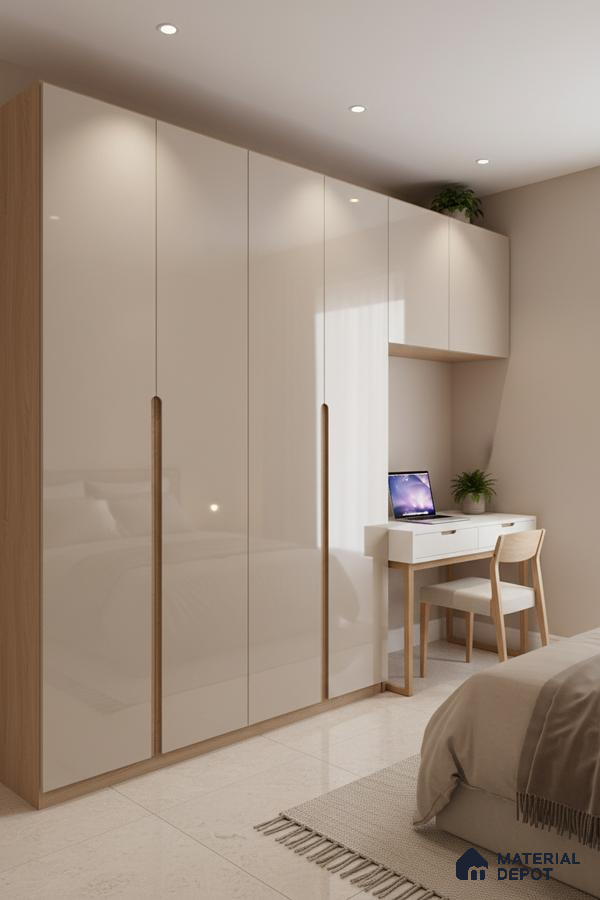 Minimalist bedroom with high gloss beige laminate wardrobe and light oak accents in Bengaluru