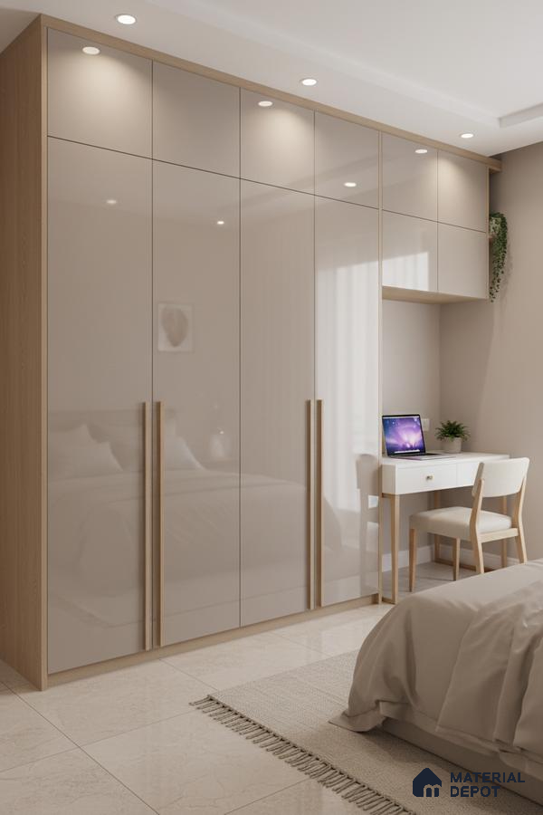 Minimalist bedroom with high gloss beige laminate wardrobe and light oak accents in Bengaluru