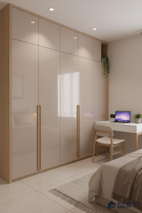 Minimalist bedroom with high gloss beige laminate wardrobe and light oak accents in Bengaluru