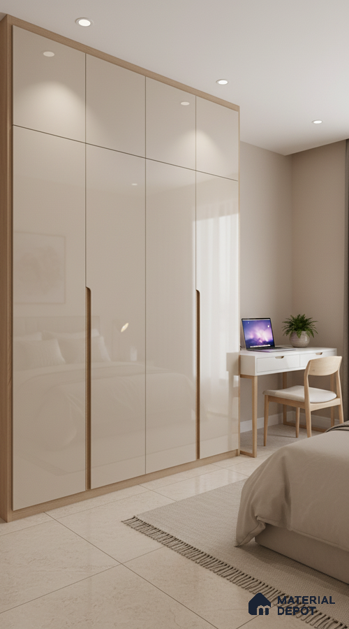 Minimalist bedroom with high gloss beige laminate wardrobe and light wood accents in Bengaluru