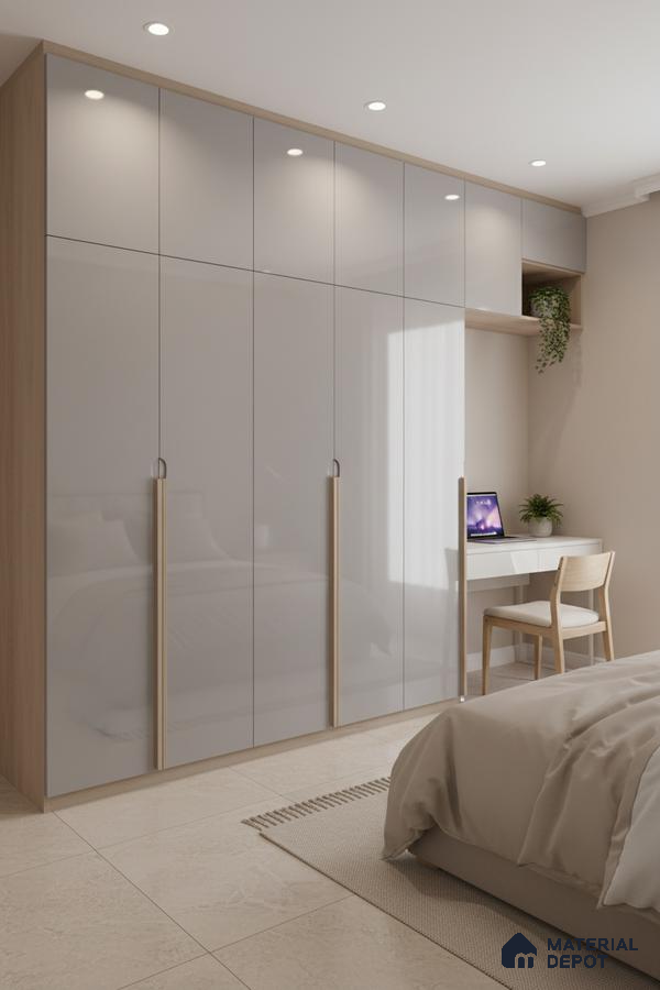 Minimalist bedroom with high gloss frosty white laminate wardrobe and beige stone floor tiles in Bengaluru
