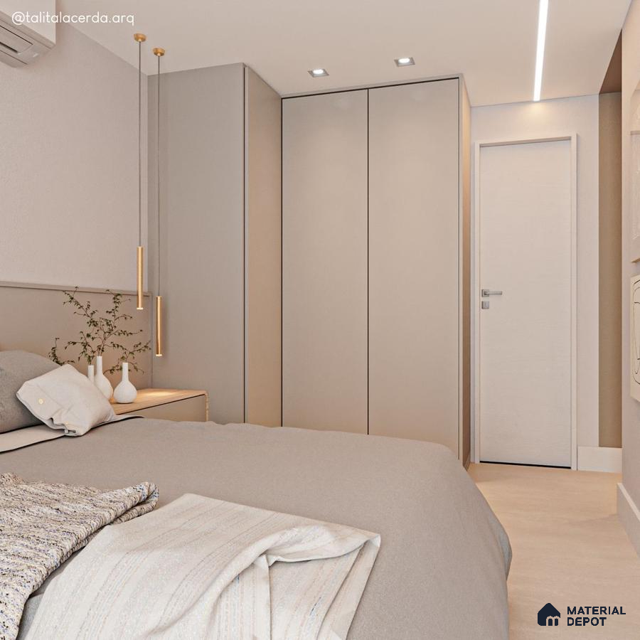 Minimalist bedroom with matte beige laminate wardrobe and neutral fabric finishes | Material Depot