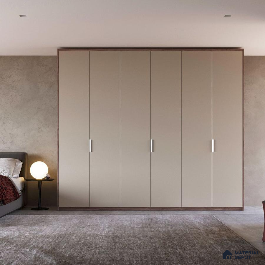 Minimalist bedroom with matte beige laminate wardrobe and textured wall finish | Material Depot