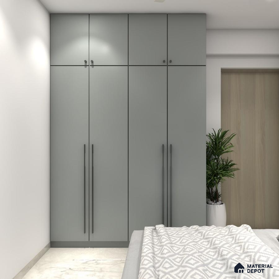 Minimalist bedroom with matte sage green laminate wardrobe and marble floor tile | Material Depot
