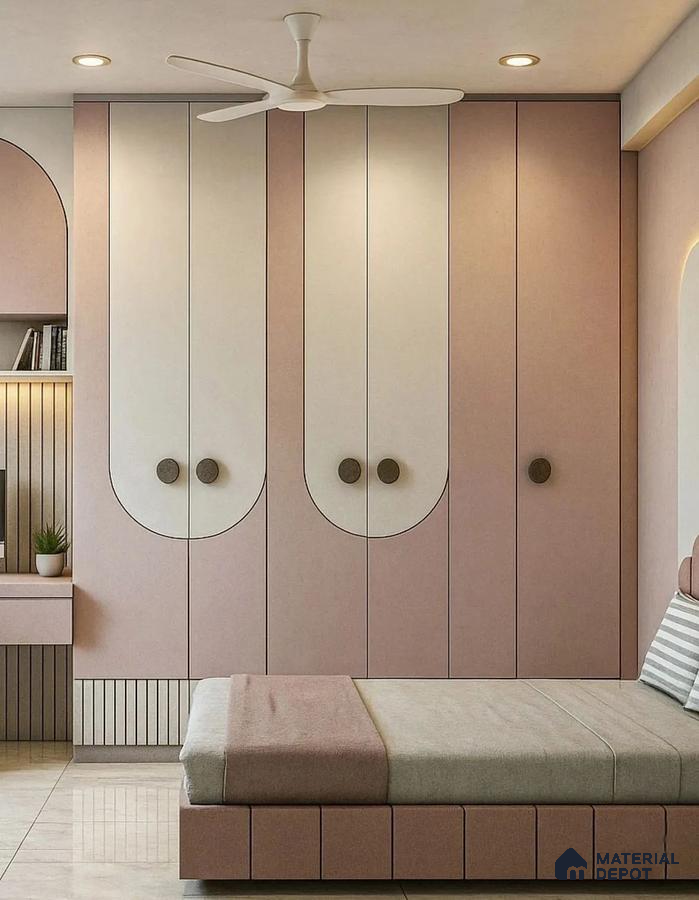 Minimalist bedroom with pastel pink and frosty white laminate wardrobe and beige upholstered bed | Material Depot