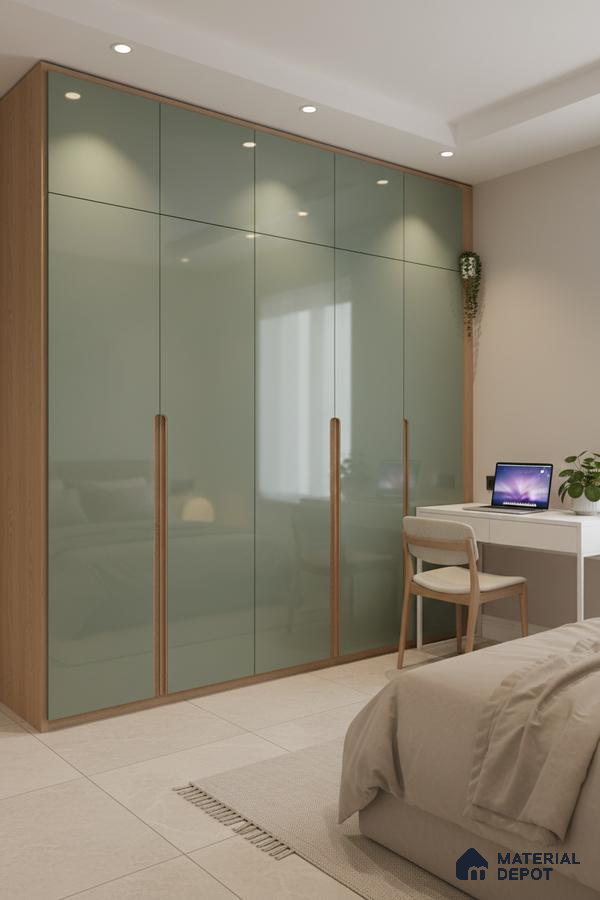 Minimalist bedroom with sage green glass wardrobe and light oak laminate, beige tile flooring in Bengaluru