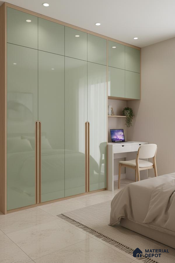 Minimalist bedroom with sage green high gloss laminate wardrobe and beige marble floor tiles in Bengaluru