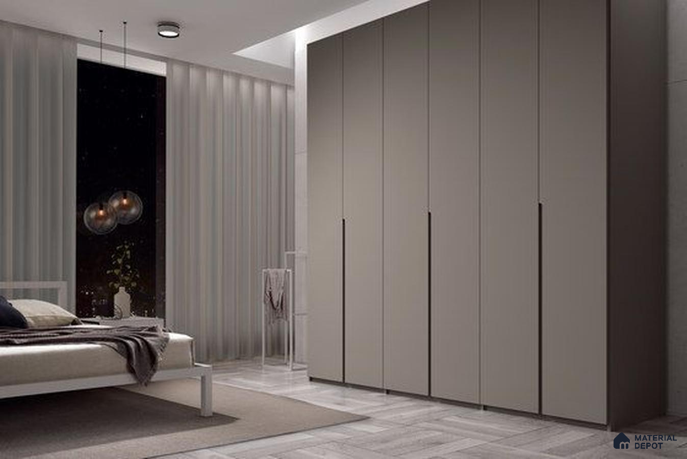 Minimalist bedroom with taupe solid color laminate wardrobe and light grey floor tiles | Material Depot