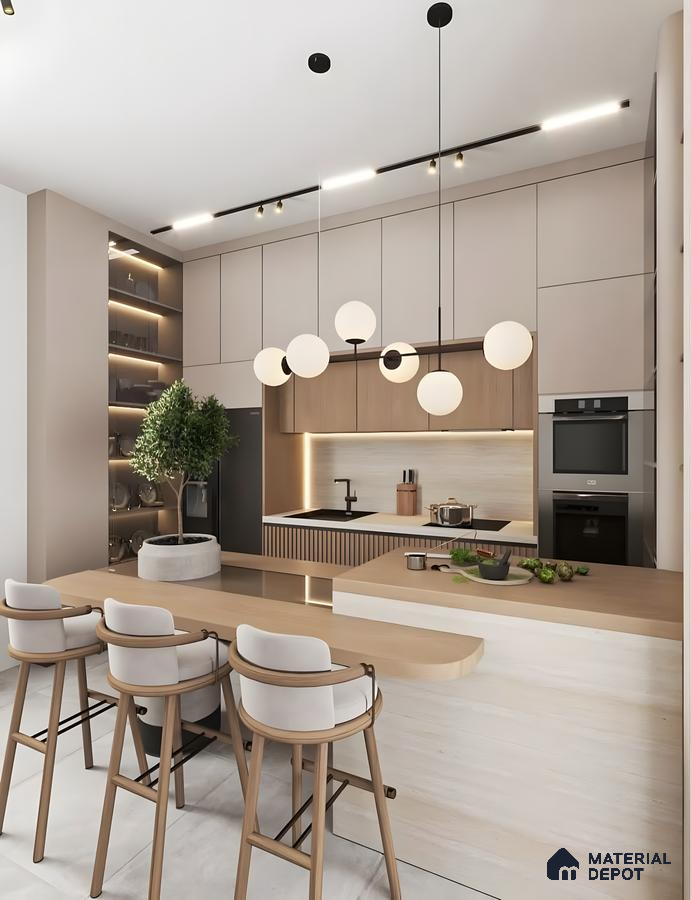 Minimalist Beige And Wood Finish Kitchen With Breakfast Island And Globe Pendant Lighting | Material Depot