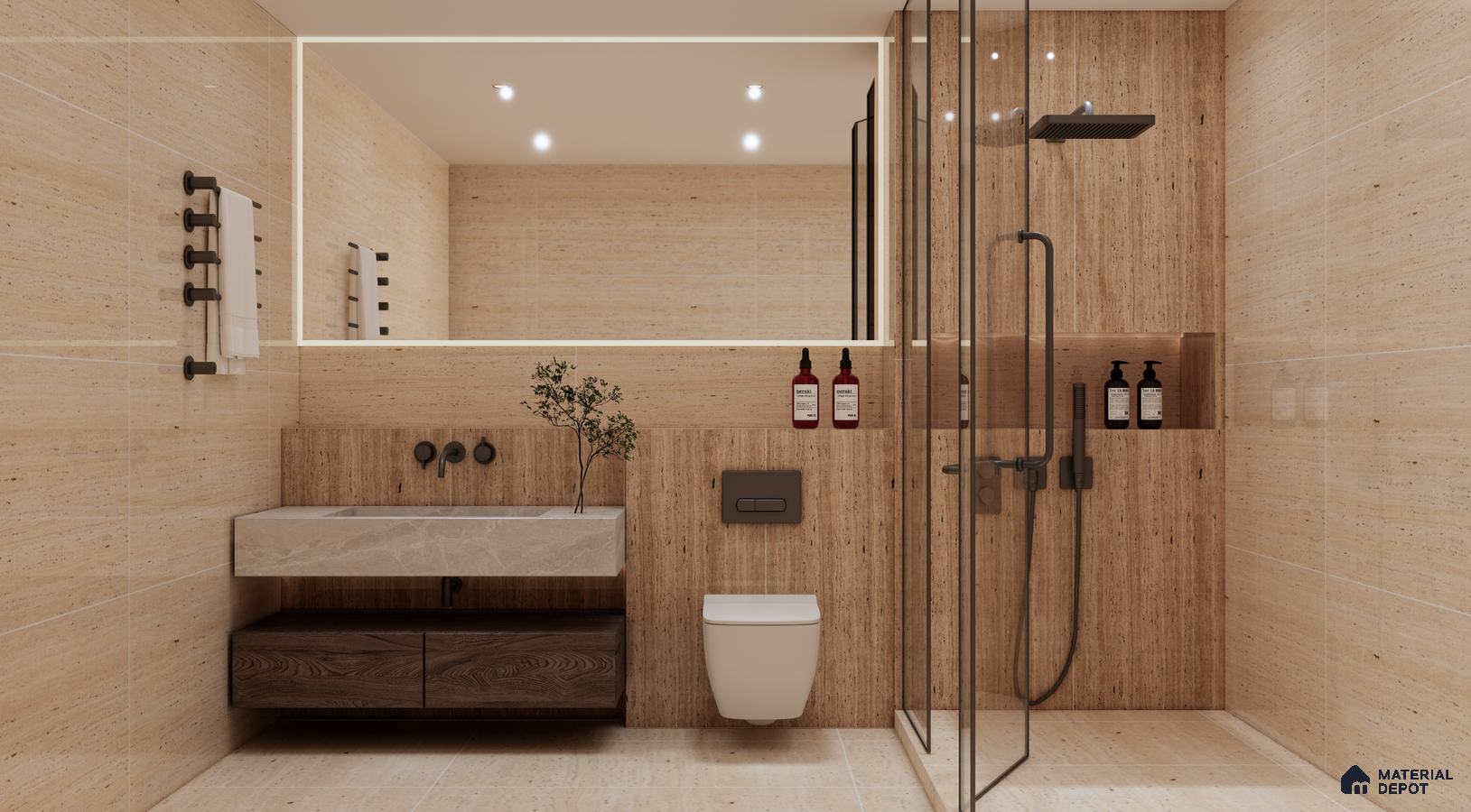 Minimalist Beige Bathroom with Travertine-Inspired Tiles | Material Depot