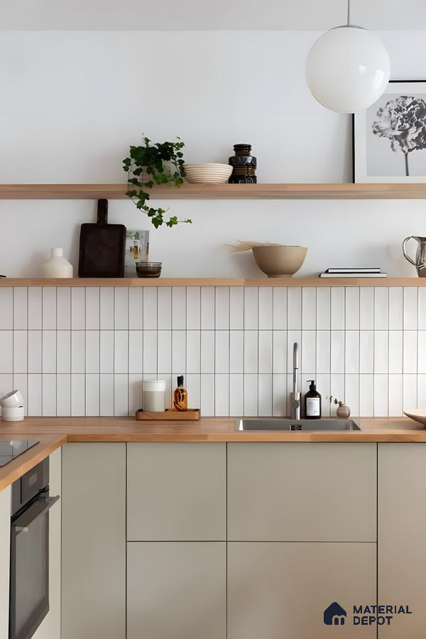 Minimalist Beige Kitchen With Vertical Subway Tiles And Open Shelves  | Material Depot