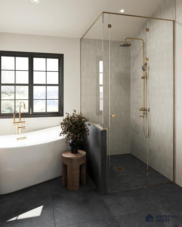 Minimalist Designer Bathroom Design with Kitkat Wall tiles Godrej Nurture Electronic City | Material Depot
