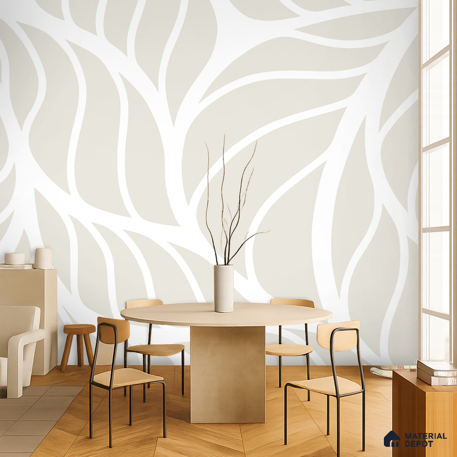 Minimalist dining room with abstract beige and white wallpaper and light wood chevron flooring in Bengaluru